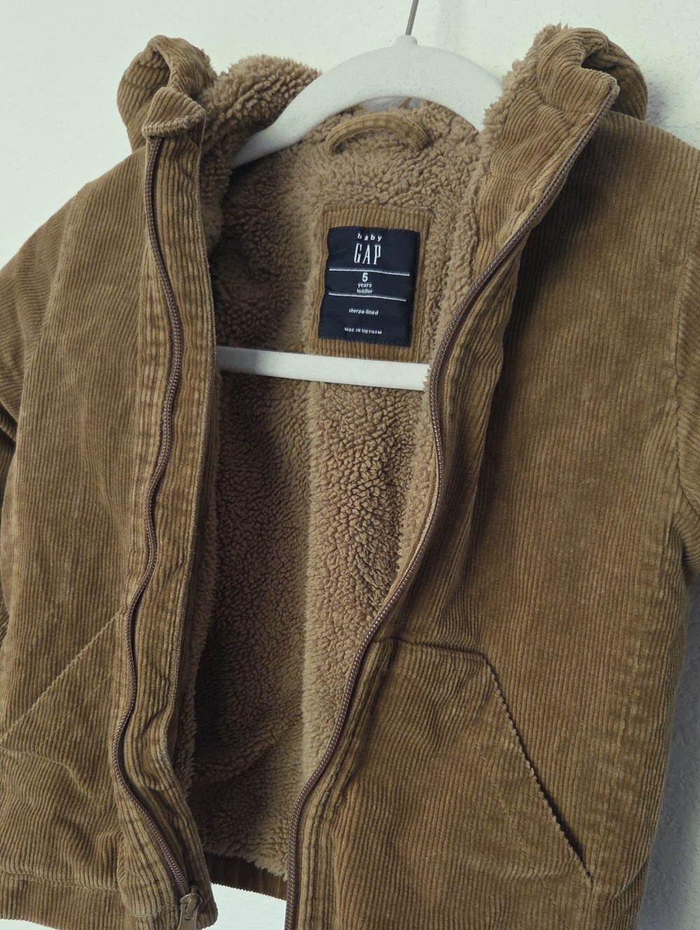 GAP Baby Tan Corduroy Sherpa-Lined Hooded Puffer